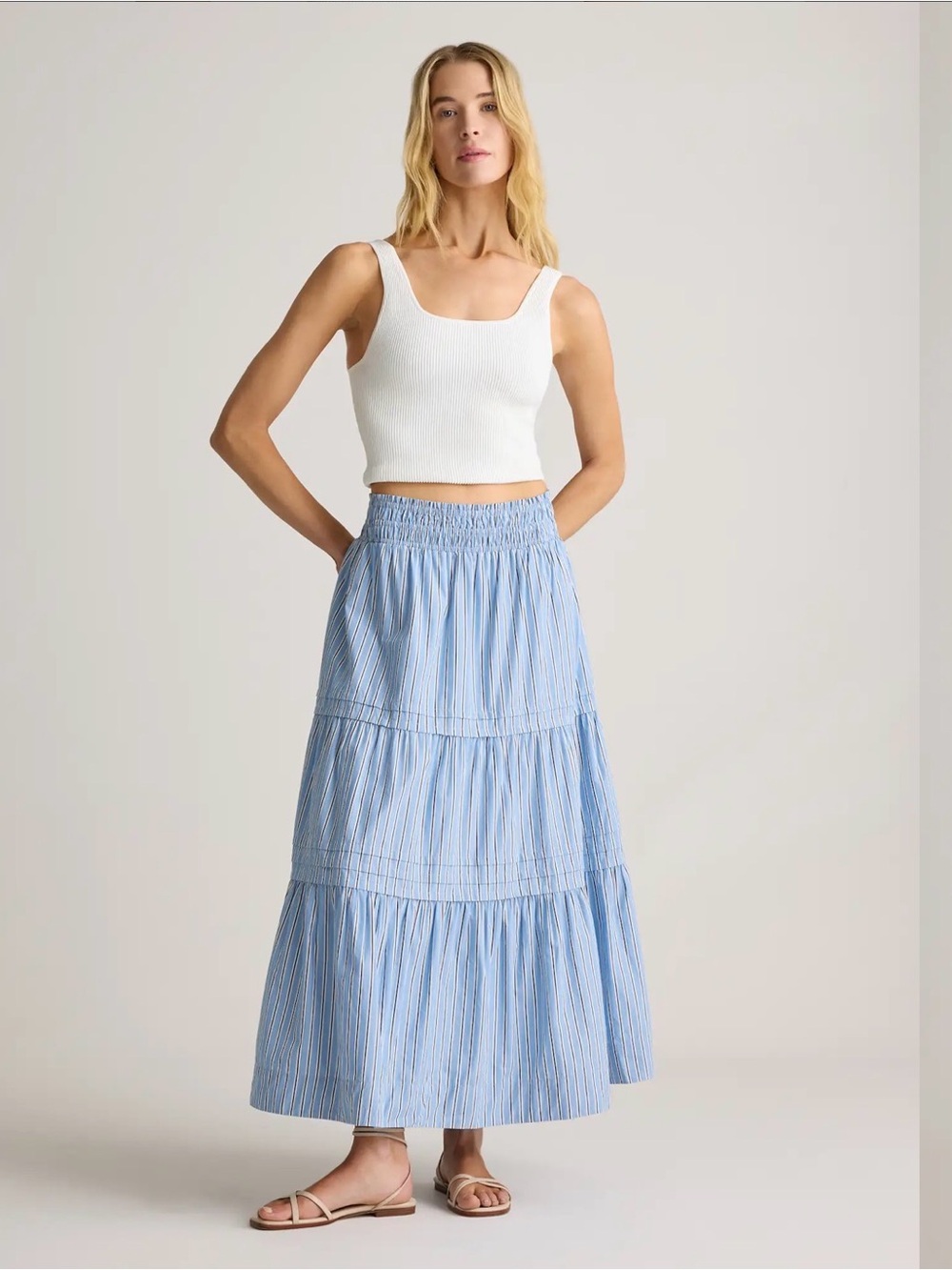 Quince 100% Organic Cotton Poplin Tiered Maxi Skirt Tribeca Stripe SIZE XL NWT - Picture 2 of 9